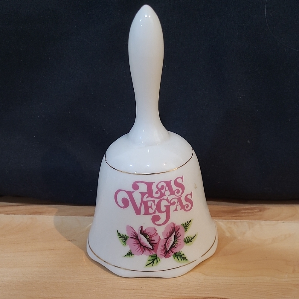 2/$20 White Las Vegas Souvenir Bell with Pink Flowers